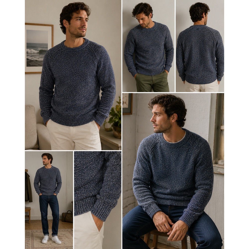 J.Crew Mens Blue Marled Cotton Ribbed Crewneck Raglan Sweater AC536 Size M